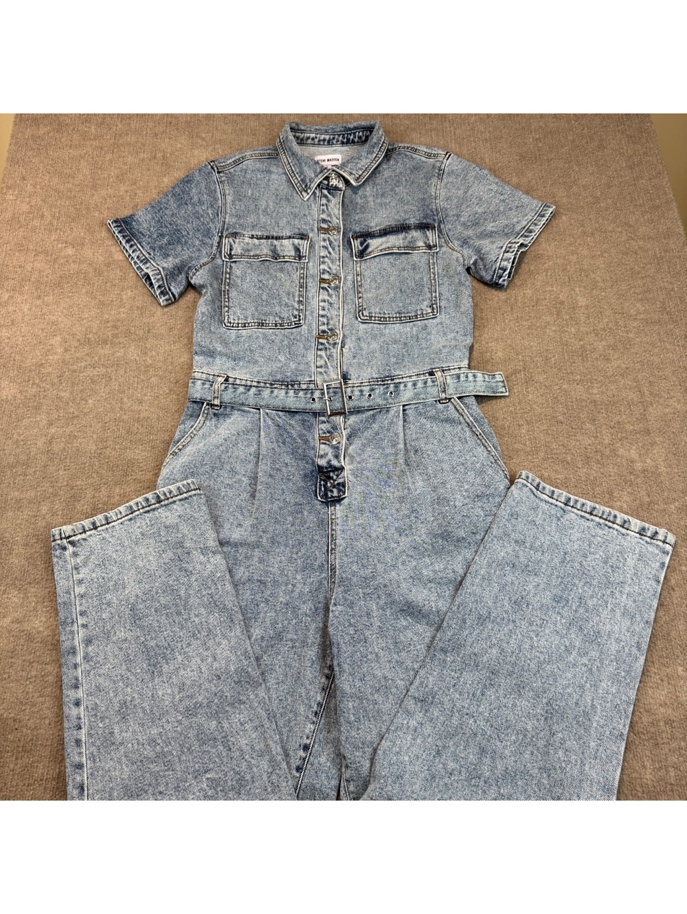 Steve Madden Denim Jumpsuit Coveralls Stone Wash Blue Wm's Sz M Short Sleeve NWT